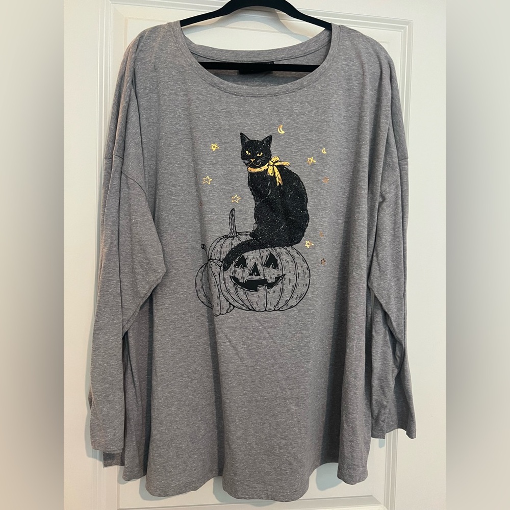 Lane Bryant Gray Halloween Cat Long Sleeve Tee